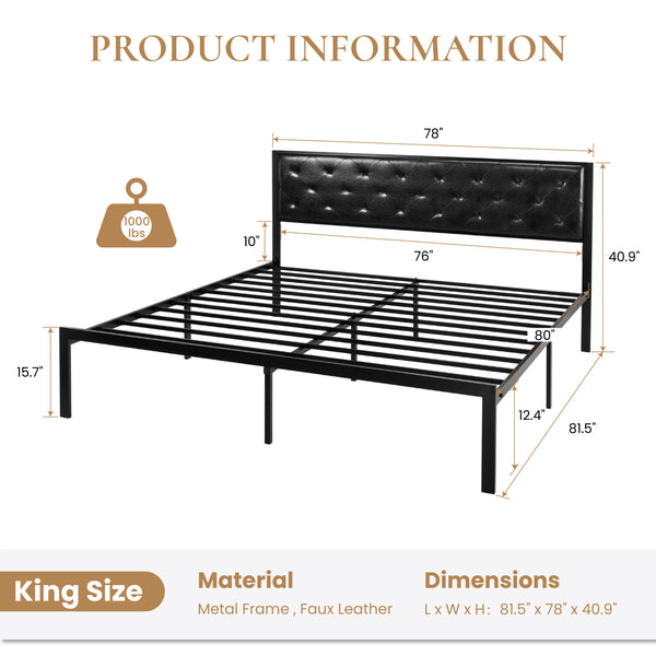 Metal Bed with Headboard, Strong Steel Slats Support