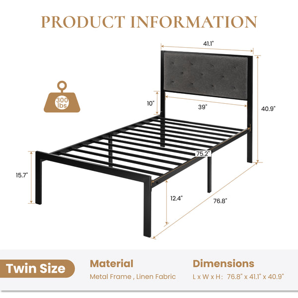 Metal Bed with Headboard, Strong Steel Slats Support