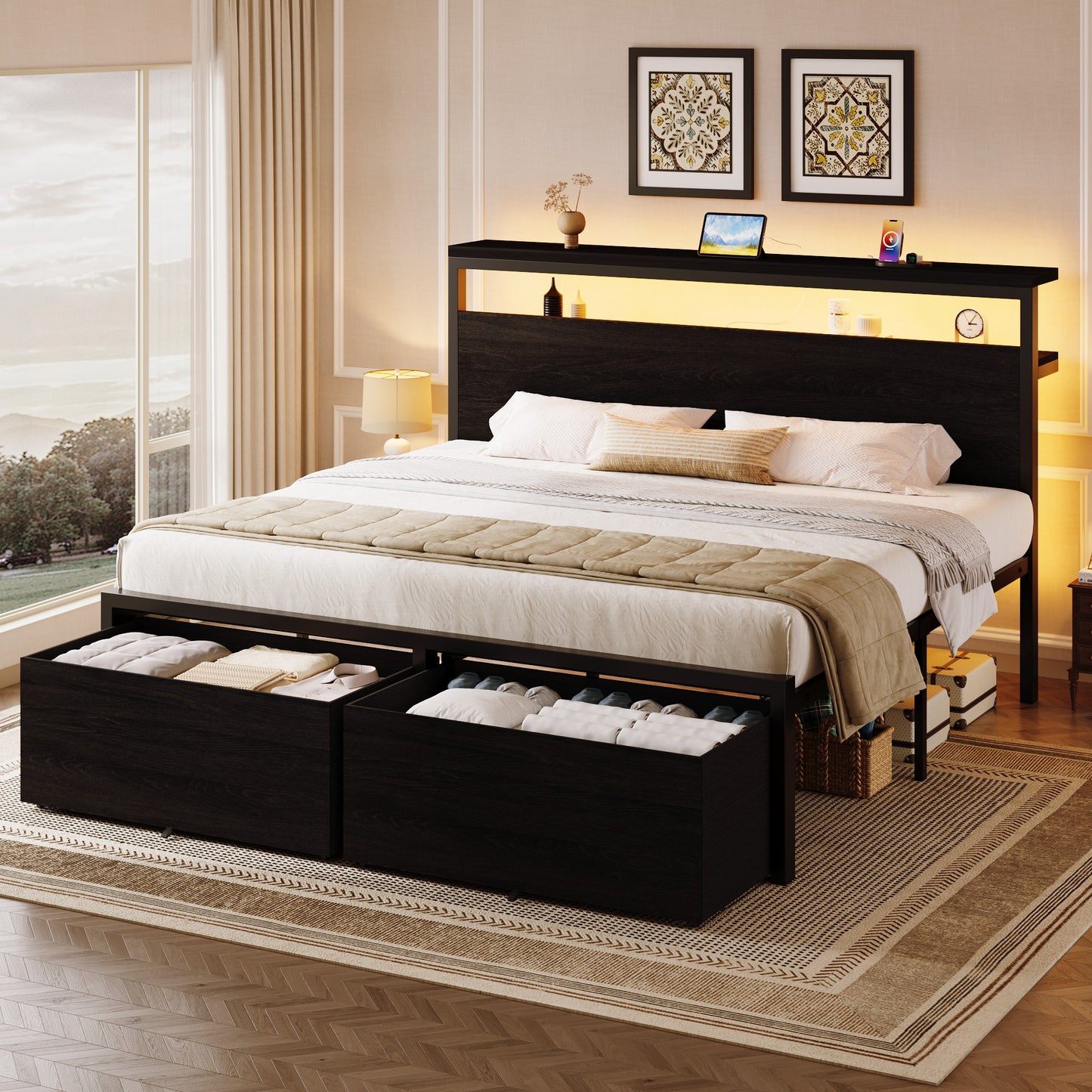 SHA CERLIN LED Bed Frame, 2 Storage Drawers, Charging Station, Black