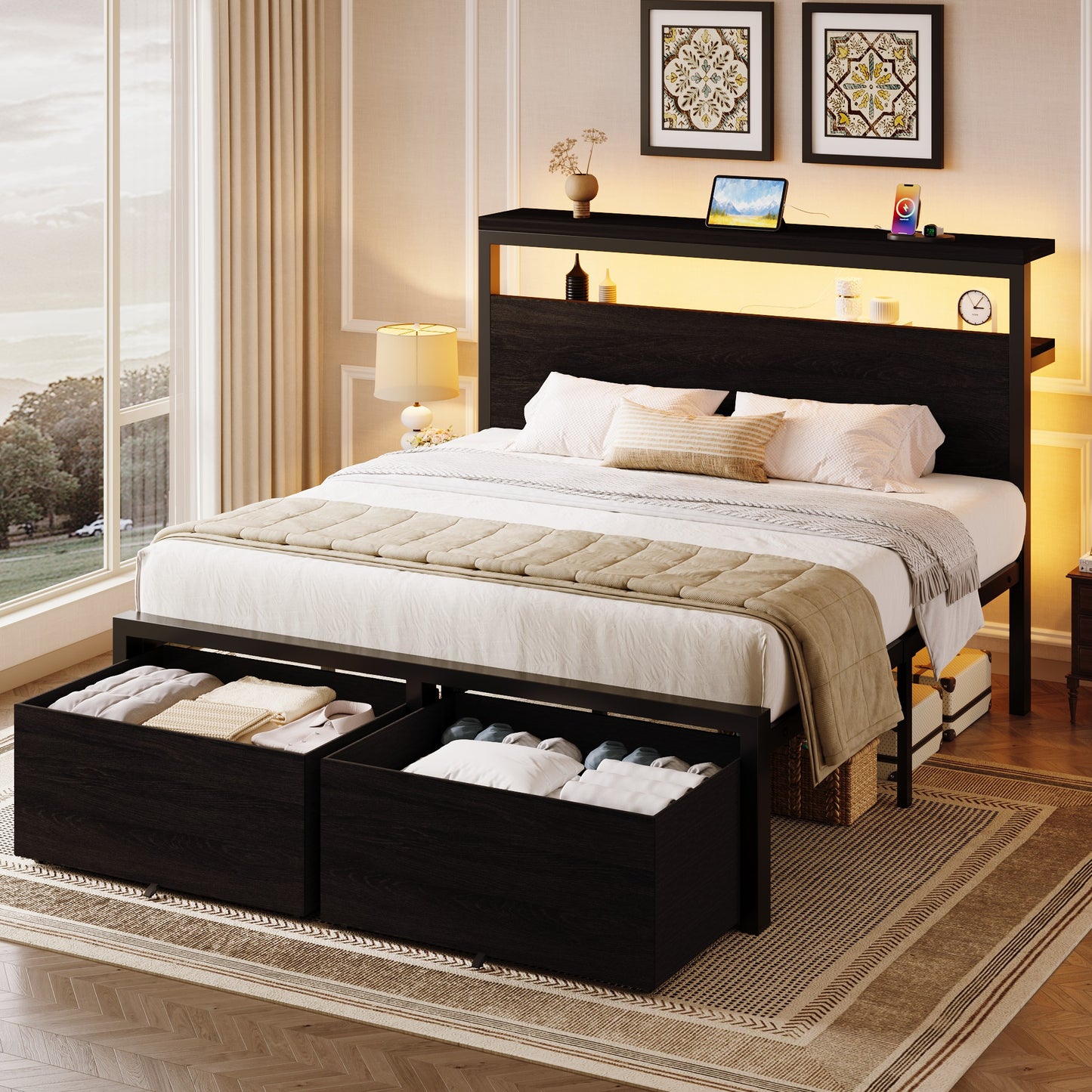 SHA CERLIN LED Bed Frame, 2 Storage Drawers, Charging Station, Black