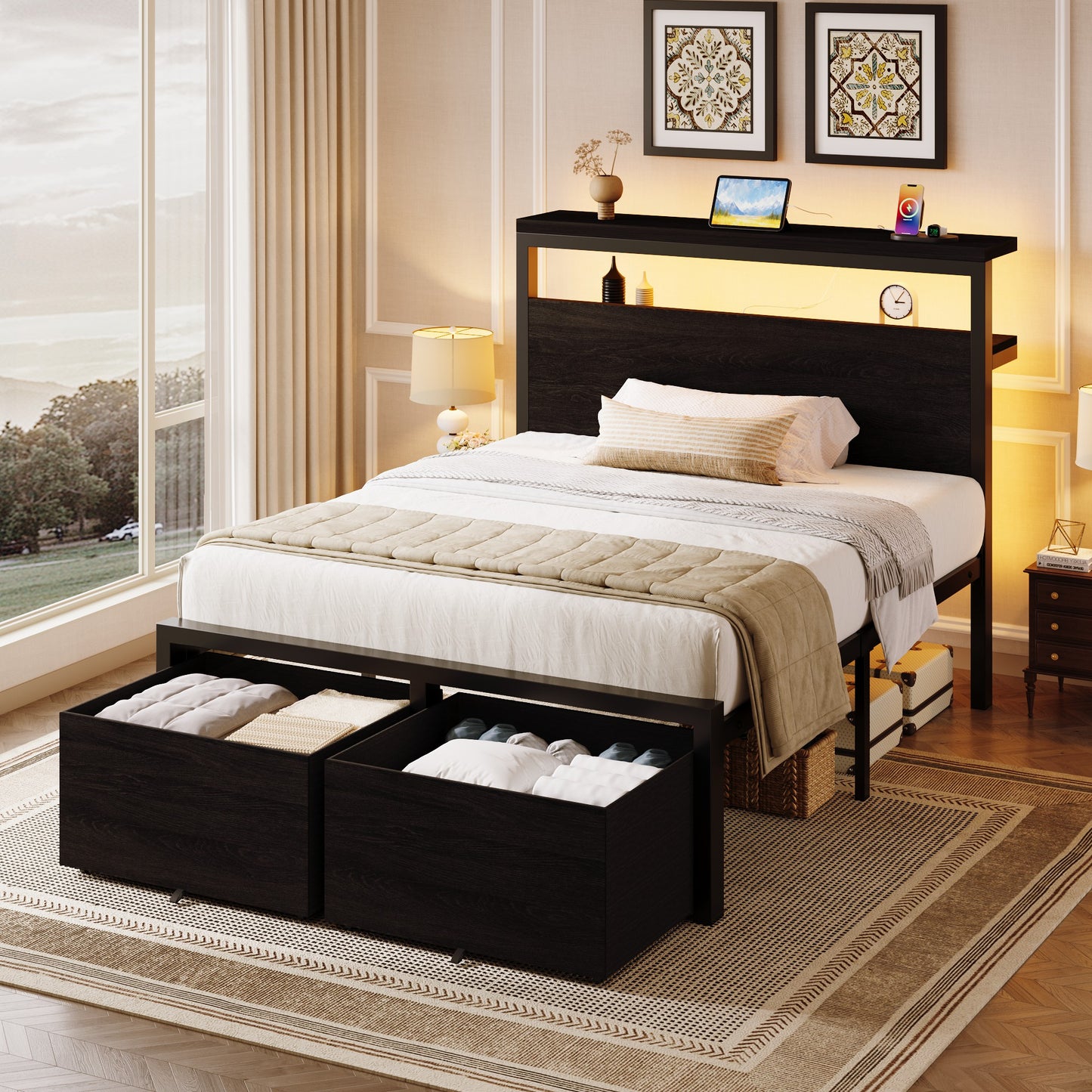 SHA CERLIN LED Bed Frame, 2 Storage Drawers, Charging Station, Black