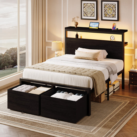 SHA CERLIN LED Bed Frame, 2 Storage Drawers, Charging Station, Black