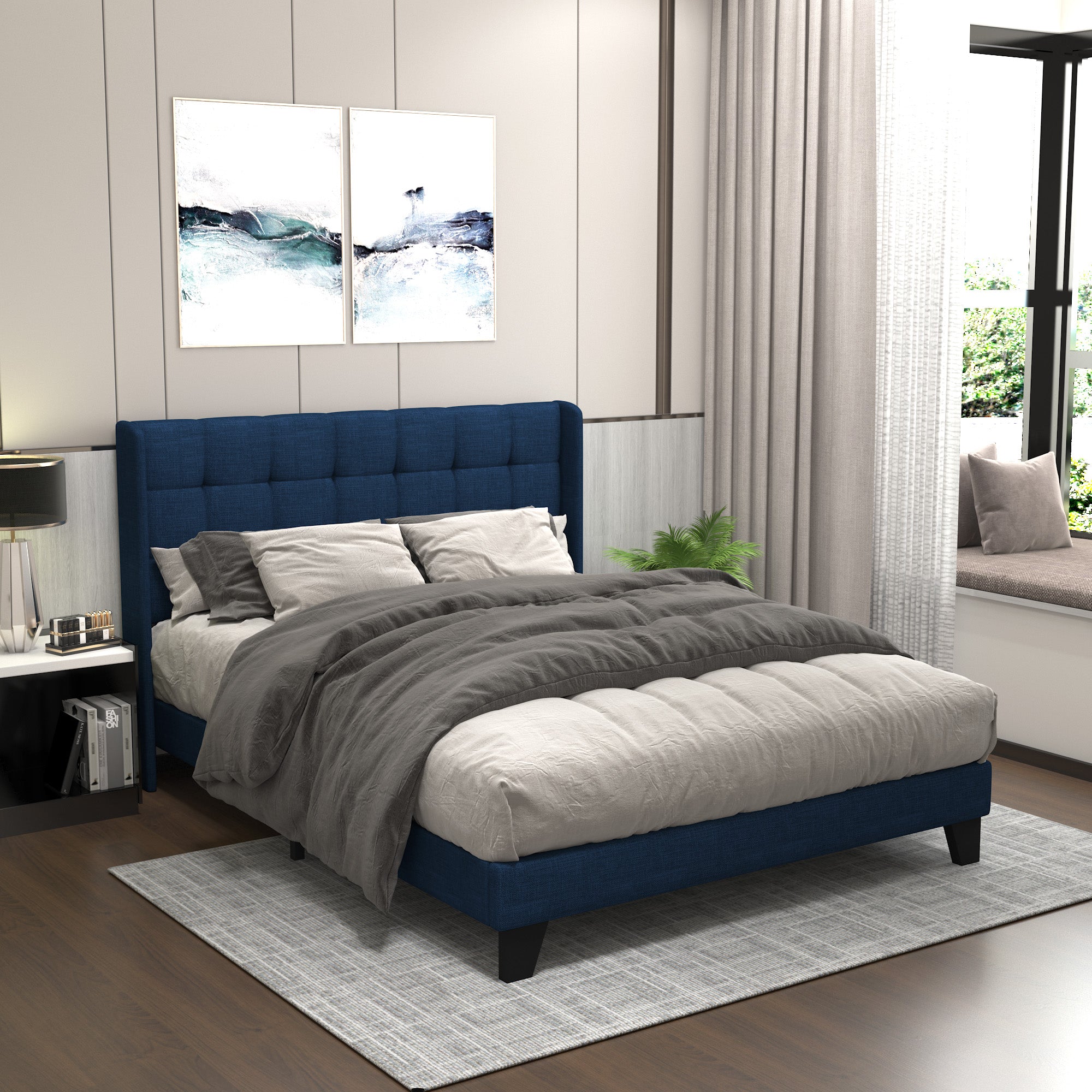 Wingback Upholstered Bed with Square Stitched Headboard, Mattress Foundation