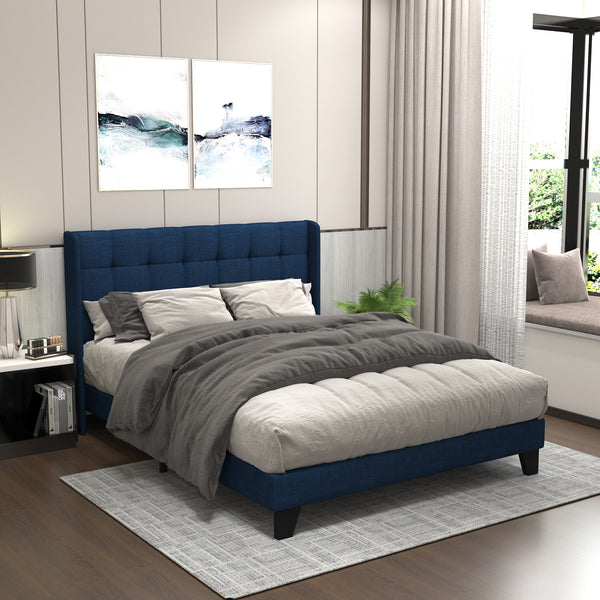 Wingback Upholstered Bed with Square Stitched Headboard, Mattress Foundation