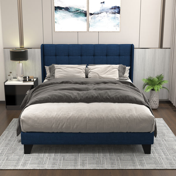 Wingback Upholstered Bed with Square Stitched Headboard, Mattress Foundation