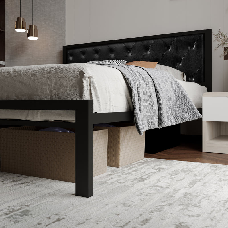 Metal Platform Bed Frame with Metal Slats, Faux Leather Diamond Stitched Design