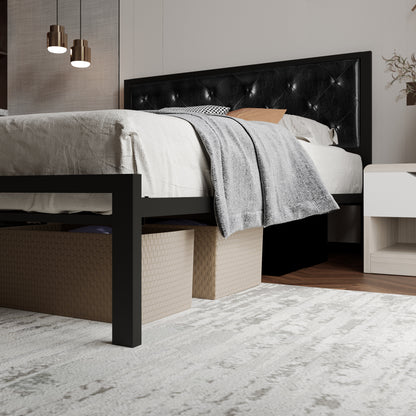 Metal Platform Bed Frame with Metal Slats, Faux Leather Diamond Stitched Design