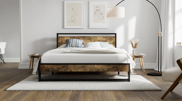 Metal Bed Frame with Wooden Industrial Headboard, Noise Free Design