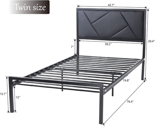 Metal Bed Frame with Geometric Litchi Grain Leather Headboard – SHA CERLIN