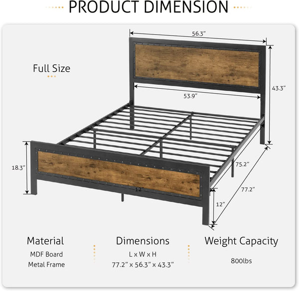 Metal Bed Frame with Rivet Wooden Headboard & Footboard