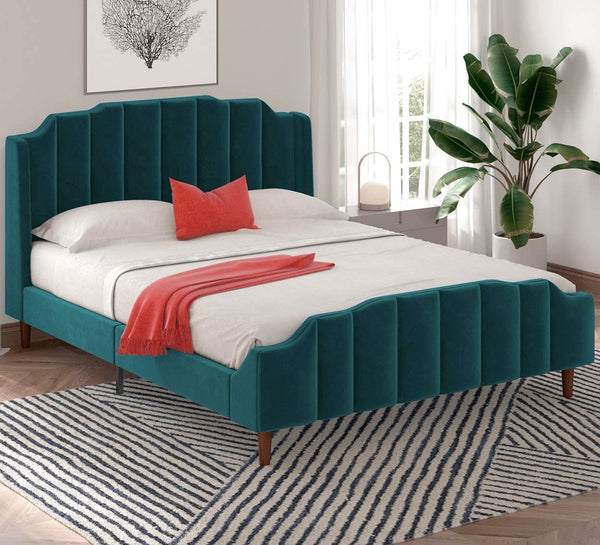 Modern Curved Wood Bed Frame with Upholstered Wingback Headboard