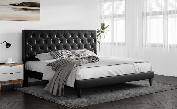 Upholstered Bed with Adjustable Diamond Stitched Button Tufted Headboard