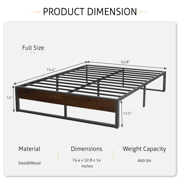 Metal Bed Frame with Storage, Mattress Foundation with Rustic Wood