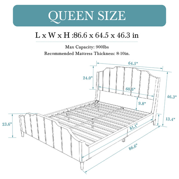 Modern Curved Wood Bed Frame with Upholstered Wingback Headboard