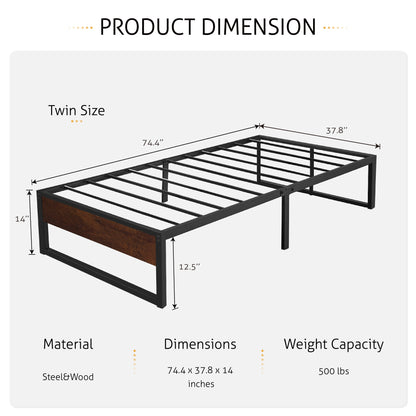 Metal Bed Frame with Storage, Mattress Foundation with Rustic Wood