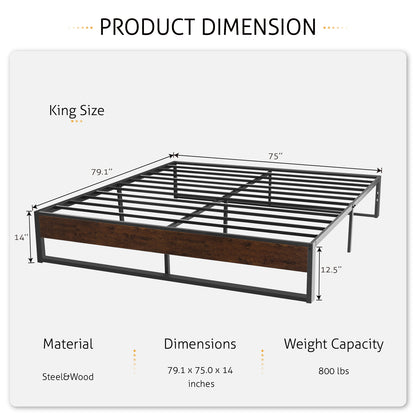 Metal Bed Frame with Storage, Mattress Foundation with Rustic Wood