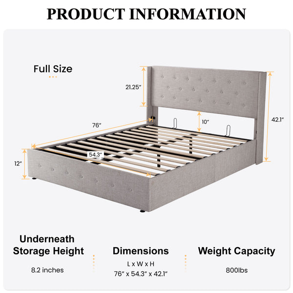 Upholstered Stoage Bed Frame with Lift Up Storage, Wingback Headboard Design