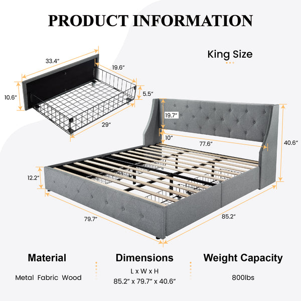 Upholstered Storage Bed with 4 Drawers and Wingback Headboard, Diamond Stitched Button Tufted