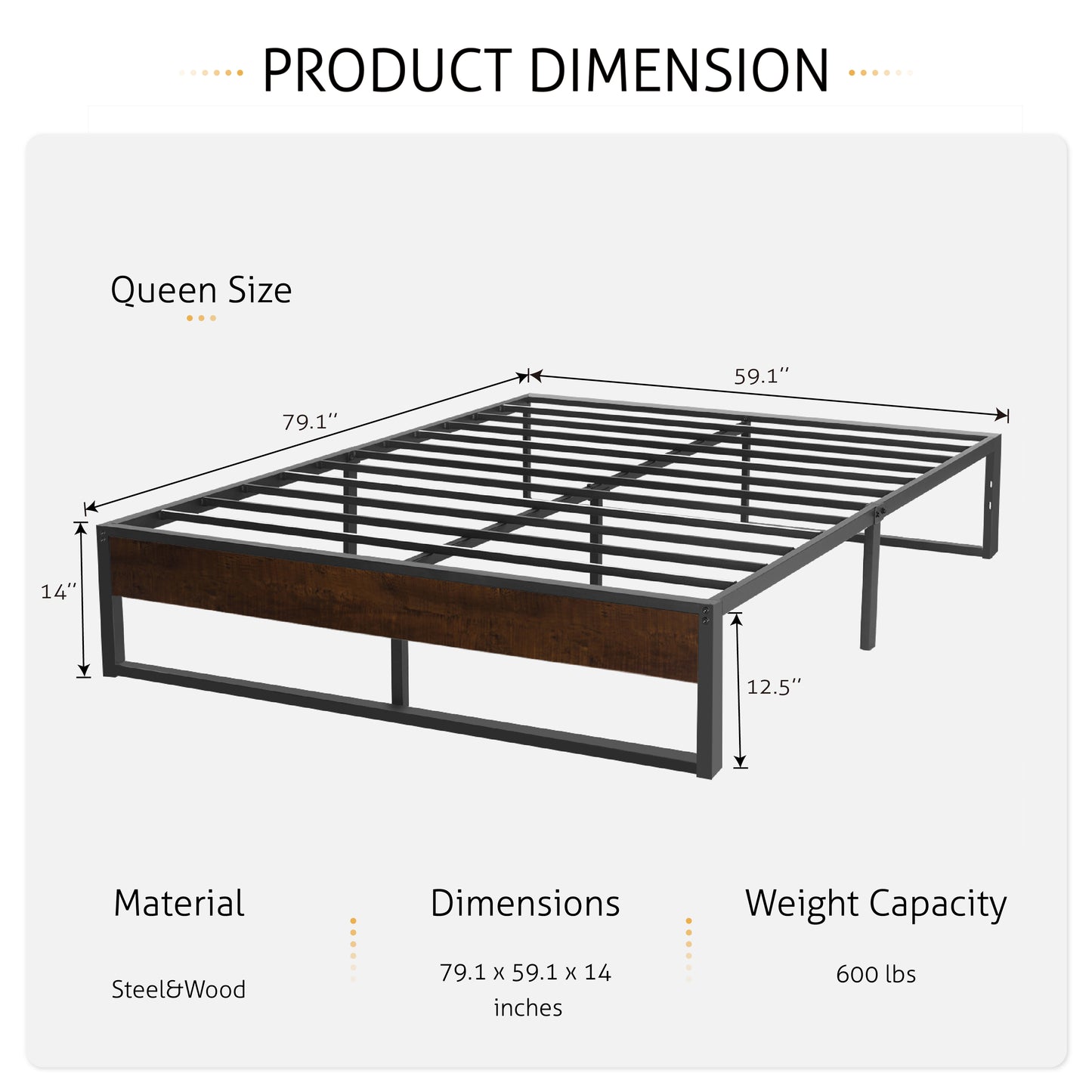 Metal Bed Frame with Storage, Mattress Foundation with Rustic Wood