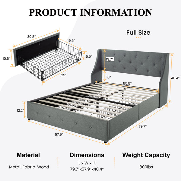 Upholstered Storage Bed with 4 Drawers and Wingback Headboard, Diamond Stitched Button Tufted