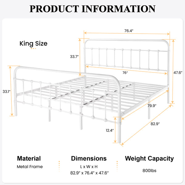 Metal Platform Bed Frame with Headboard and Footboard, Vintage Style Mattress Foundation