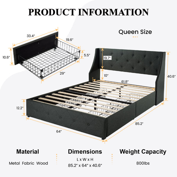 Upholstered Storage Bed with 4 Drawers and Wingback Headboard, Diamond Stitched Button Tufted