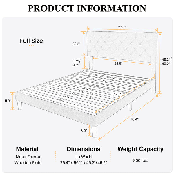 Upholstered Bed with Adjustable Diamond Stitched Button Tufted Headboard