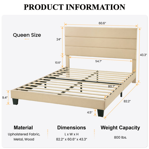 Upholstered Platform Bed Frame with Headboard and Wooden Slats