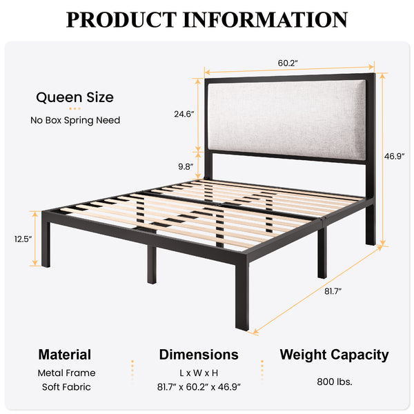 Metal Bed Frame with Minimalist Upholstered Headboard