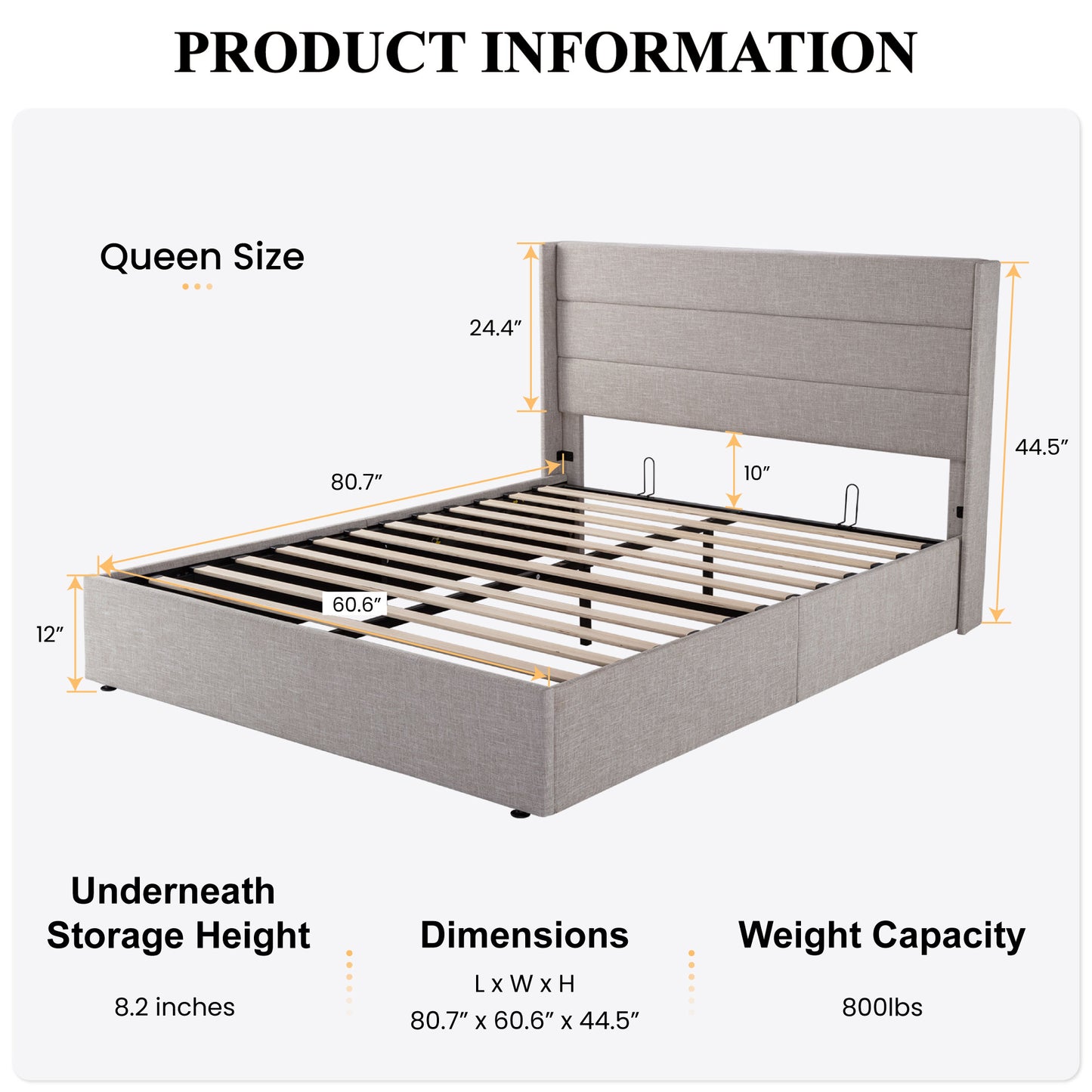 Upholstered Stoage Bed Frame with Lift Up Storage, Wingback Headboard Design