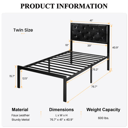 Metal Platform Bed Frame with Metal Slats, Faux Leather Diamond Stitched Design