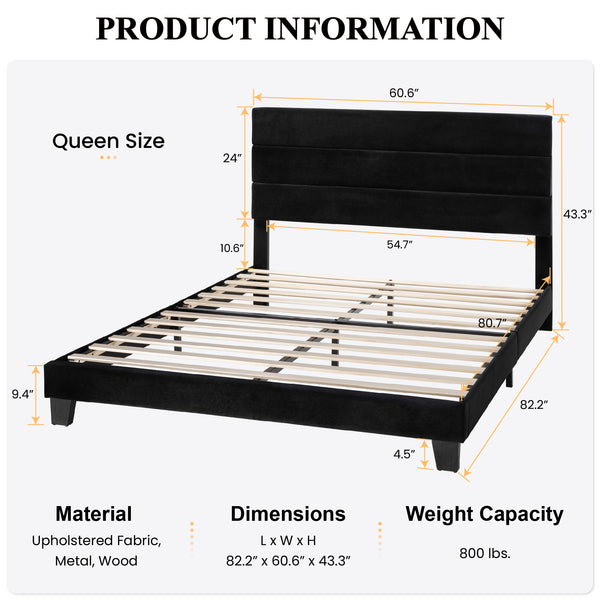 Upholstered Platform Bed Frame with Headboard and Wooden Slats