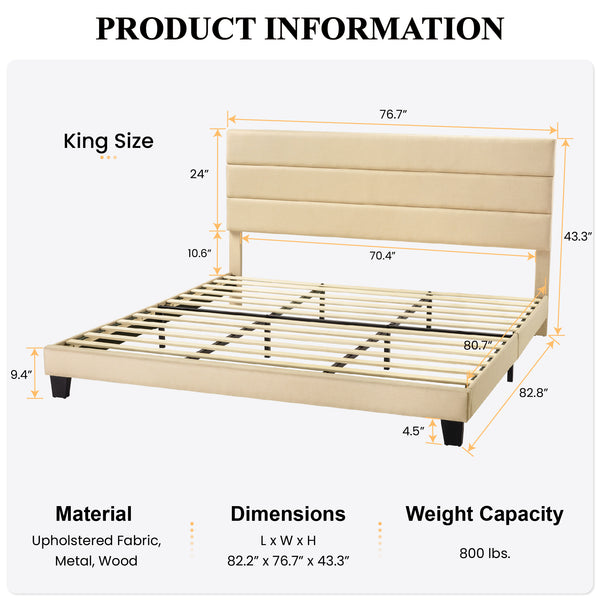 Upholstered Platform Bed Frame with Headboard and Wooden Slats