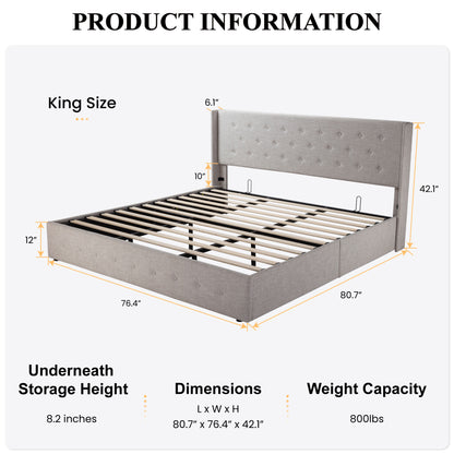 Upholstered Stoage Bed Frame with Lift Up Storage, Wingback Headboard Design