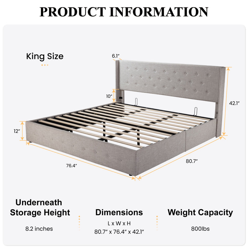 Upholstered Stoage Bed Frame with Lift Up Storage, Wingback Headboard Design