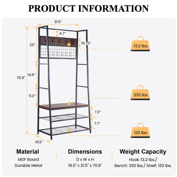 Entryway Hall Tree with Shoe Bench, 4-in-1 Large Coat Rack with Grid Panel and Movable Hooks