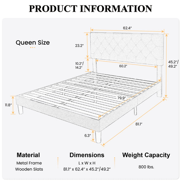 Upholstered Bed with Adjustable Diamond Stitched Button Tufted Headboard