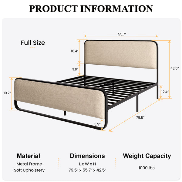 Metal Bed Frame with Curved Upholstered Headboard and Footboard