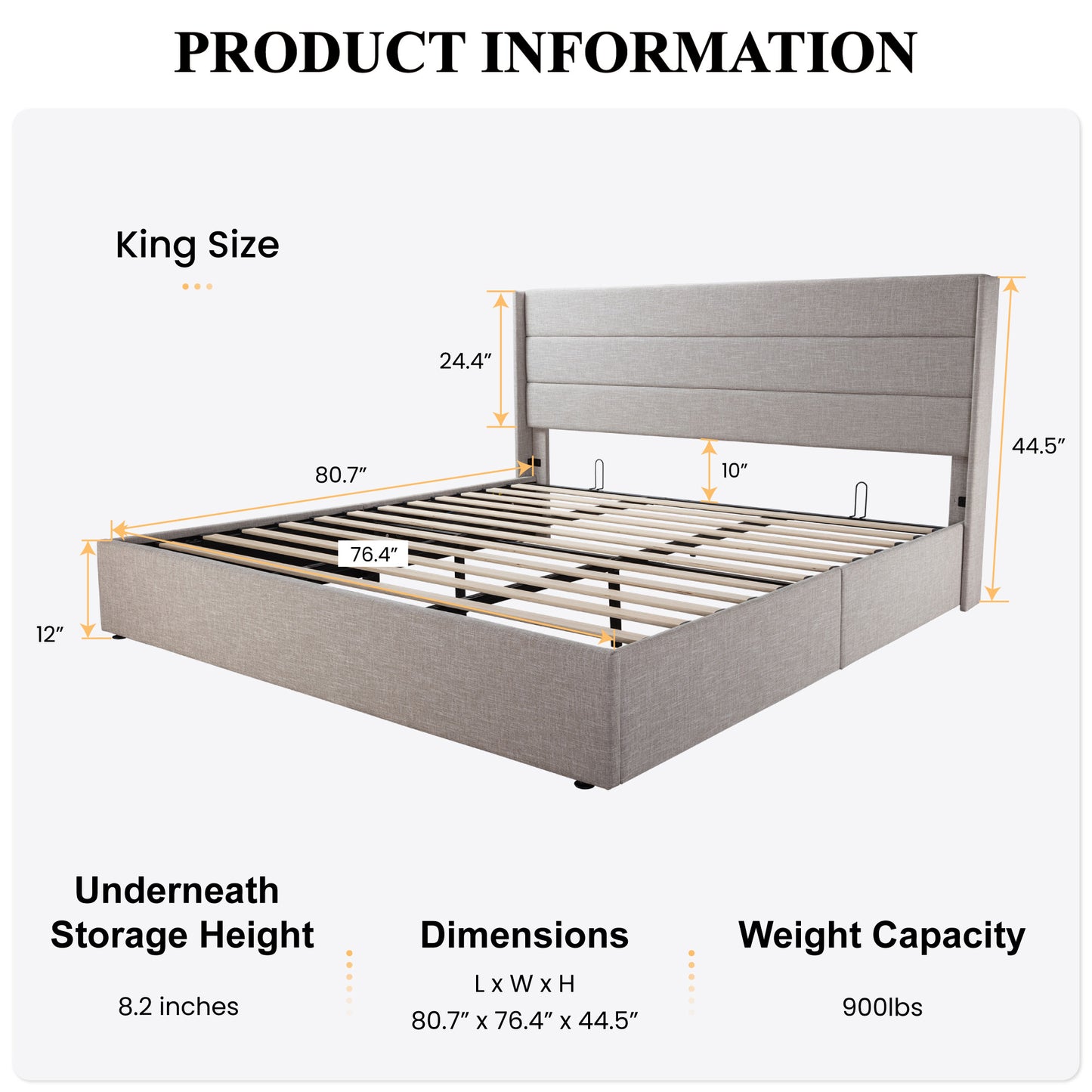 Upholstered Stoage Bed Frame with Lift Up Storage, Wingback Headboard Design