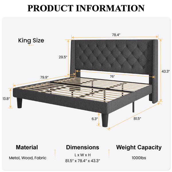 Platform Bed Frame with Upholstered Headboard and Wingback, Button Tufted Design