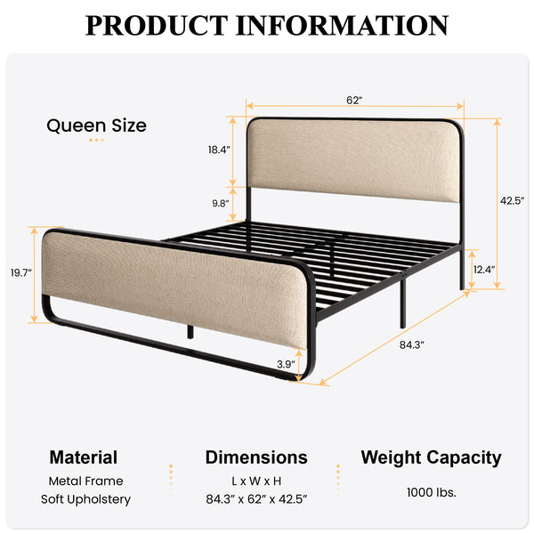 Metal Bed Frame with Curved Upholstered Headboard and Footboard