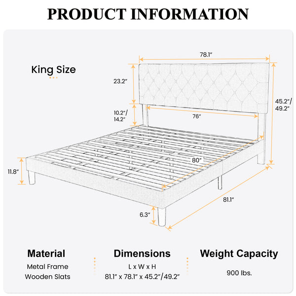 Upholstered Bed with Adjustable Diamond Stitched Button Tufted Headboard