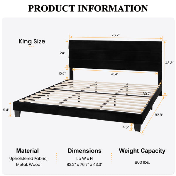 Upholstered Platform Bed Frame with Headboard and Wooden Slats