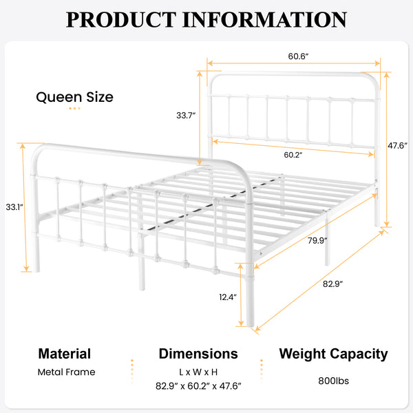 Metal Platform Bed Frame with Headboard and Footboard, Vintage Style Mattress Foundation