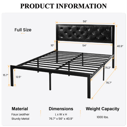 Metal Platform Bed Frame with Metal Slats, Faux Leather Diamond Stitched Design