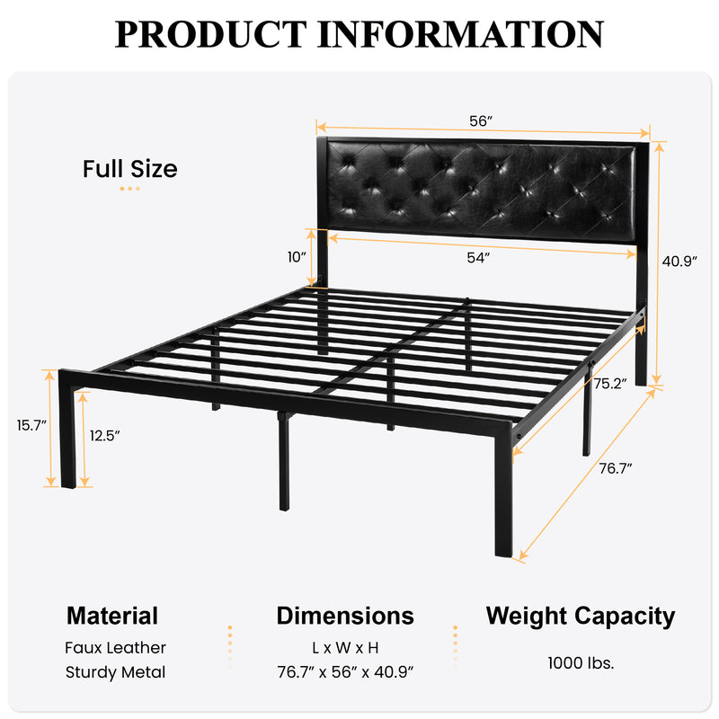 Metal Platform Bed Frame with Metal Slats, Faux Leather Diamond Stitched Design