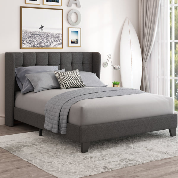 Wingback Upholstered Bed with Square Stitched Headboard, Mattress Foundation