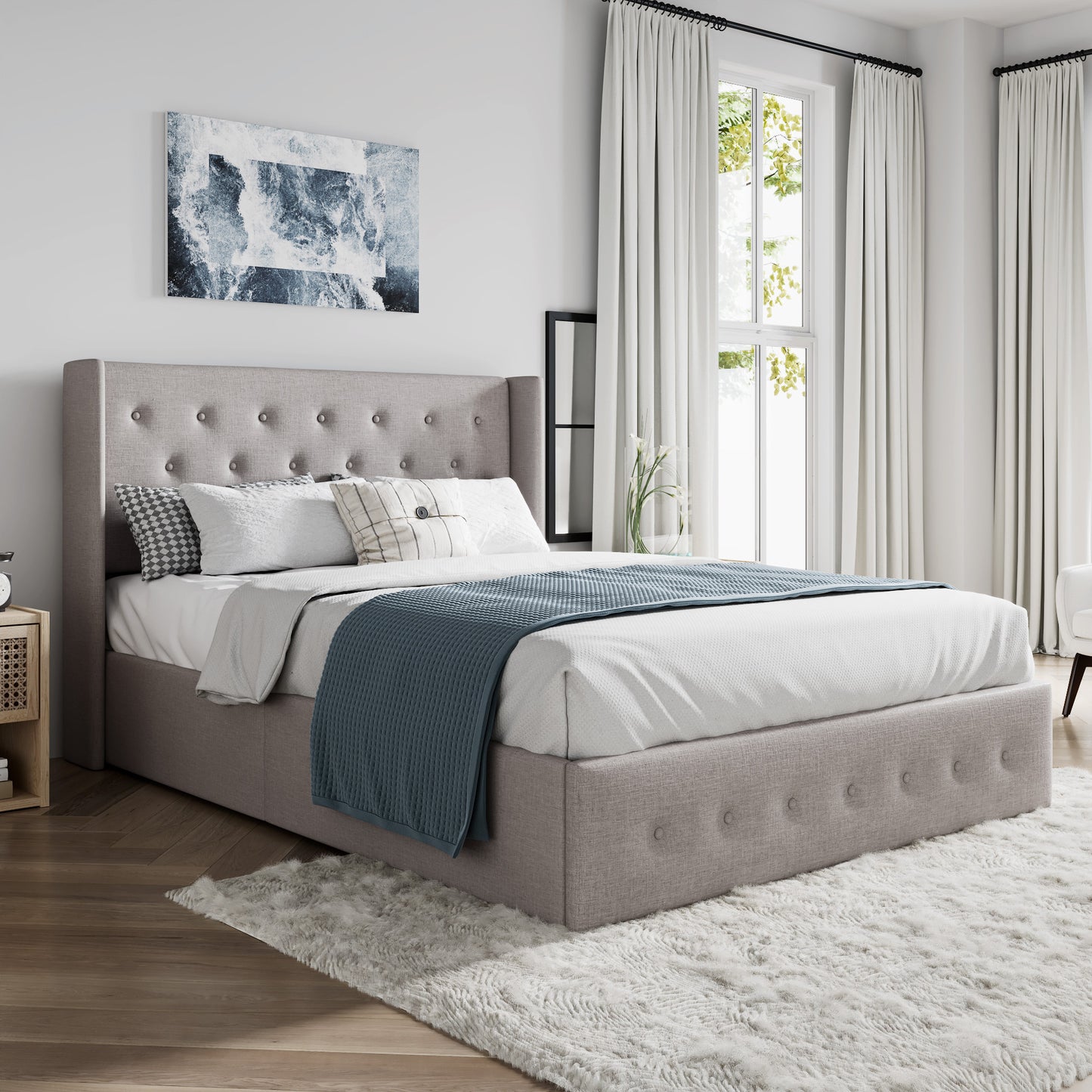 Upholstered Stoage Bed Frame with Lift Up Storage, Wingback Headboard Design