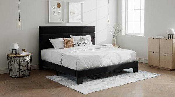 Upholstered Platform Bed Frame with Headboard and Wooden Slats