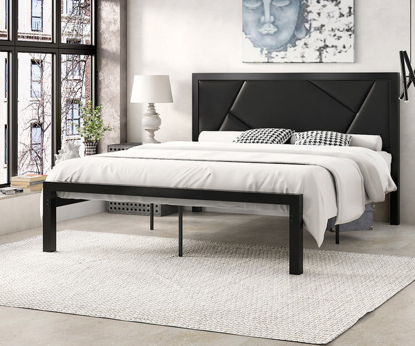 Metal Bed Frame with Geometric Litchi Grain Leather Headboard